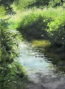 Río entre maleza. Acuarela de paisaje. Carlos García