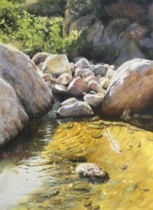Ricon acuático soleado. Acuarela de paisaje. Carlos García