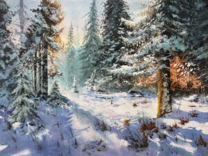 Acuarela de paisaje. Paisaje nevado. Carlos García