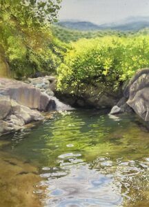 Acuarela de paisaje. Pequeña cascada